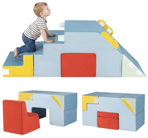 COSTWAY 4 teilige Schaumstoffbausteine, 3 in 1 Softbausteine mit Treppe & Tunnel, EN-71 Zertifiziert, Riesenbausteine zum Krabbeln & Rutschen, Großbausteine XXL Indoor für Kinder ab 1 Jahr
