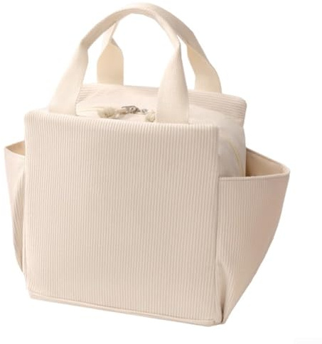 Bolsa de almuerzo de pana con aislamiento térmico para el trabajo y las comidas escolares, amplio almacenamiento interior, tela con cómodas asas de transporte (beige)