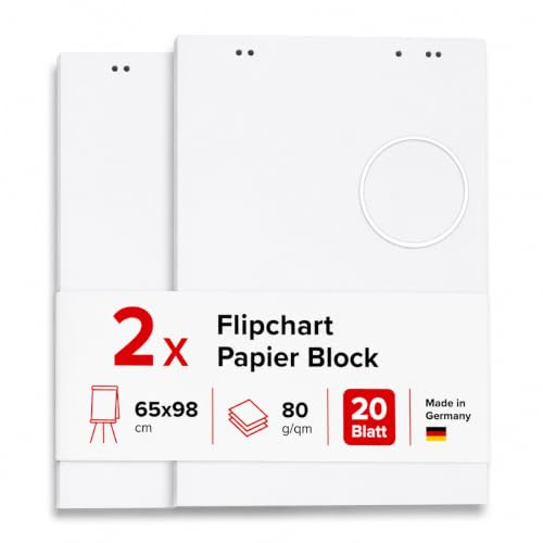 Conipa Flipchart Papier blanko, 2 Blöcke à 20 Blatt, 65×98 cm, weiß | Flipchartpapier 80 g/m² mit 6-fach Universallochung und Perforation, für gängige Flipchart-Ständer in Meetings & Workshops