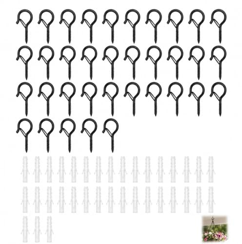 Sylalxeba 35 Crochets à visser noir avec boucle de sécurité, piton à visser pour suspendre paniers plantes mangeoires oiseaux lanternes guirlandes lumineuses – acier carbone pour intérieur extérieur