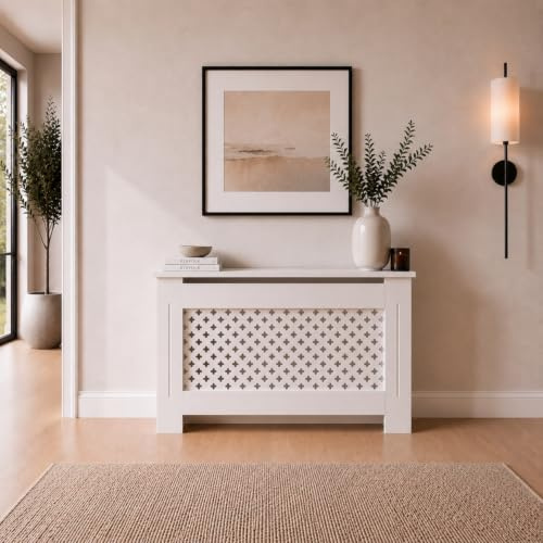 DuraTherm® Radiator Cover White Painted Traditional Cross Slat Shelves MDF Cabinet Shelf for Radiators, Living Rooms, Bedrooms, Medium (W: 112cm / H: 81.5cm / D: 19cm)