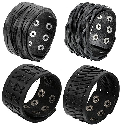 Cupimatch Herren Breit Lederarmband 2 Punk Rock Schwarz Braun verstellbar Herren Leder Manschette Armband Frauen Breite Gürtel Armreif Armband