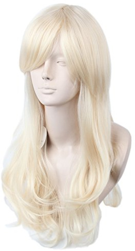 Topcosplay Damenperücke, lang, blond, mit Pony, Kunstfaser, gewellt, für Cosplay, Halloween oder den täglichen Gebrauch, blond