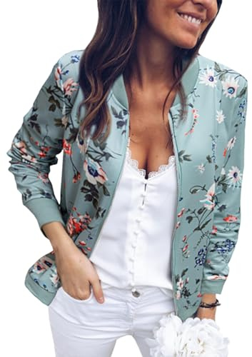 ECOWISH Damen Casual Jacke Blumenmuster Langarm Bomberjacke Reißverschluss Stehkragen Outwear Kurz Coat Herbst Frühling