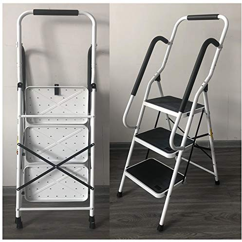 Escabeau 3 Marches avec 2 Rampes de Sécurité & Garde-Corps,Échelle Pliable en Acier max.150 kg - Escabeau Ménager pour Intérieur / Extérieur