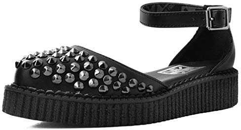 T.U.K. Black TUKskin Pointed Studded Sandals for Women, Low Platform Creeper Ankle Strap Sandal, US 8 Women