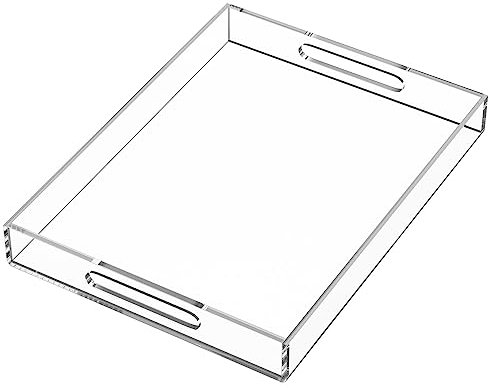 Clear Serving Tray 12x16 Inches/ 30x40 cm -Spill Proof- Acrylic Decorative Tray Organiser for Ottoman Coffee Table Countertop with Handles