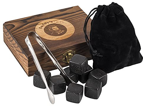 Buddy´s Bar - 9 Whiskey Steine, 2 x 2 cm, Geschenkset Premium, stilvolle Holzbox, Samtbeutel, Zange, Wiederverwendbare, natürliche Eiswürfel aus Basalt, geschmacksneutrale Kühlsteine, schwarz