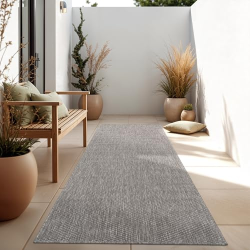 Paco Home Outdoor Teppich, Wetterfest Pflegeleicht Küchenteppich Ideal für Terrasse Balkon Garten, Flachgewebe Sisaloptik Modern Einfarbig meliert, 60x100 cm Läufer, Grau