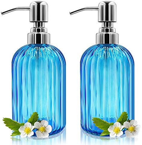 Seifenspender – 2er-Pack, 414 ml Glas-Seifenspender mit rostfreier Edelstahlpumpe, nachfüllbarer Flüssigkeitsspender, Premium-Handseifenspender für Badezimmer, Küche, Arbeitsplatte (Blau)