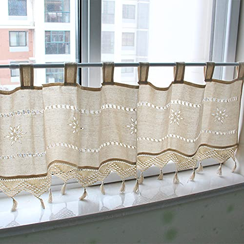 Ricemru Creme Scheibengardine Landhaus Häkel Kleine Fenster 45cm Hoch Baumwolle Leinen Quaste Bistrogardine Küche Kurz Kurzstores Schiebevorhang Halbe Vorhang Café,45x145cm