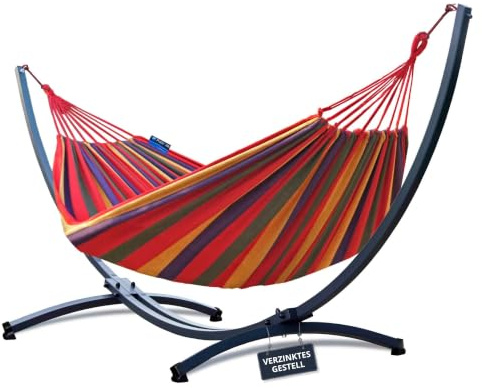 Potenza Outdoor Hängematte mit Verzinkter Gestell für 2 Personen I Baumwolle Doppelhängematte XXL 220x160, 200kg I Hängemattengestell 220kg, wetterfest (Rot, Basic Gestell Graphit)