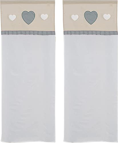 HOME ZEN HOUSEHOLD LINEN Ein Paar Scheibengardinen für die Küche Art Orleans Shabby Stoff Leinenoptik Seide aus Polyester mit kariertem Querbehang und drei aufgebrachten Herzen Größe 60 x 240 cm