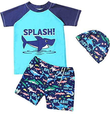 FedMois Boy Swim Set, 3 Pieces Set Swim Shirt + Swimming Shorts + Swimming Cap, shark, 5-7 Years