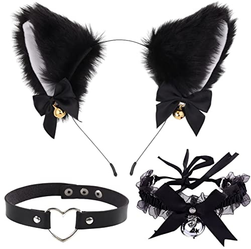 scalingscal Katzenohren Haarreif, Katze Ohr Stirnband Haarband, Cat Ears Stirnband Glöckchen Halskette PU Leder Punk Choker Halsketten Kreis, Cosplay Haarschmuck für Party Kostüm Dressing, 3 Stück