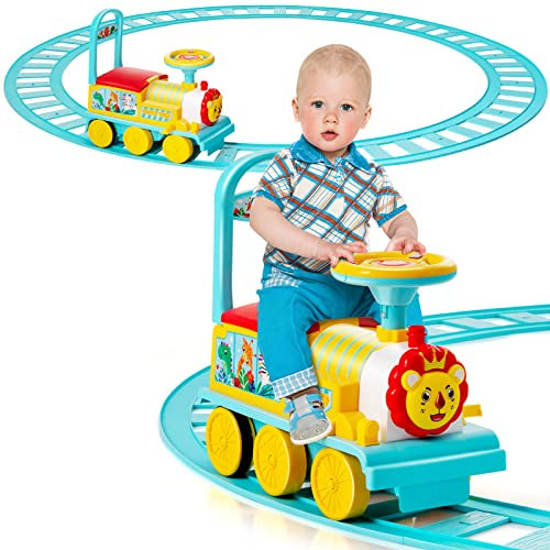 COSTWAY 6V Kinder Aufsitz Lokomotive mit Bahn, Elektro Kinderauto mit Musik, Lichter, Box unter dem Sitz & einziehbaren Fußpedalen für Kleinkinder ab 3 (Blau)
