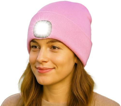 TYGA LED Beanie Mütze mit Licht - Wiederaufladbare Taschenlampe Beanie Mütze, Geschenke für Damen & Herren, Wasserdicht & Warm Wintermütze mit Eingebauter LED Taschenlampe für Laufen, Walking, Camping