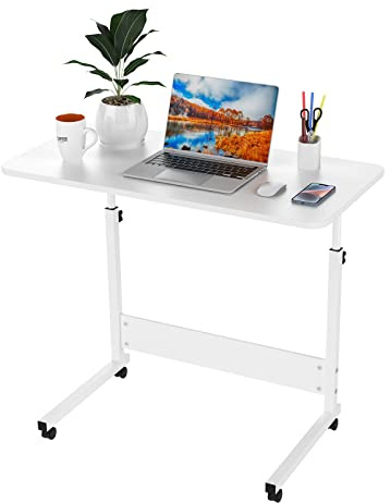 PIPIPOXER 80x40cm Laptoptisch mit Rollen, Laptoptisch höhenverstellbarer 69-90 cm, Schreibtisch Computertisch Mobiler Stehtisch Überbett-Tisch 360 Drehbaren Tischplatte, Beistelltisch fürs Sofa, Weiß
