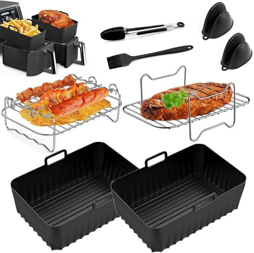 Air Fryer Accessories 8 pcs for Ninja Foodi Flexi Drawer Dual Air Fryer 9.5l for AF400UK 、AF300UK、 Keplin、COSORI with Silicone Tongs & Air Fryer Rack,Air Fryer Silicone Liners Accessories