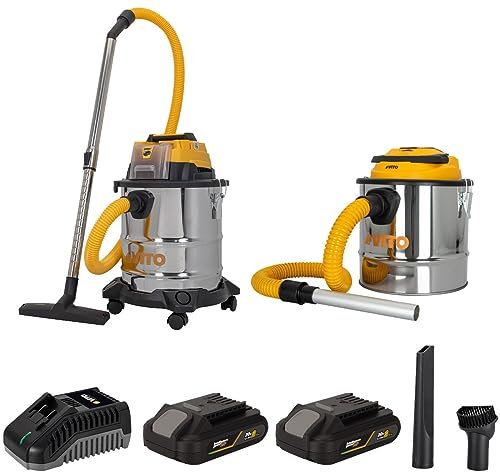 VITO - Pack 2 Aspirateurs à batterie 20V Eau Poussières Cendres + 2 Batterie lithium 2.0Ah + Chargeur Cuves INOX 20L et 12L