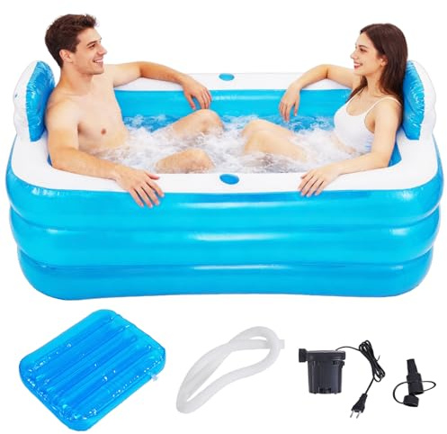 Meimond Inflatable Adult Bath Tub 2 Person,Freestanding Blow Up Bathtub with Foldable Portable Feature for Adult Spa,Indoor and Outdoor Universal Folding Pool with Electric Air Pump