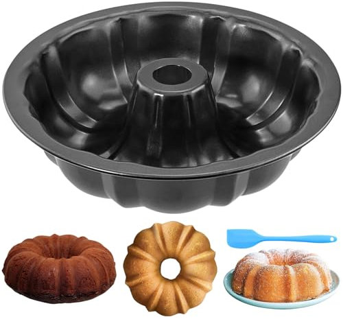 RAINPOP 24CM/9.6in Ring Cake Tin, Carbon Steel Round Baking Dish, Cake Tin with Non-Stick Coating Mould Baking Pan, Fluted Ring Cake Tin Pan Tray for Baking Cake Bread, Black
