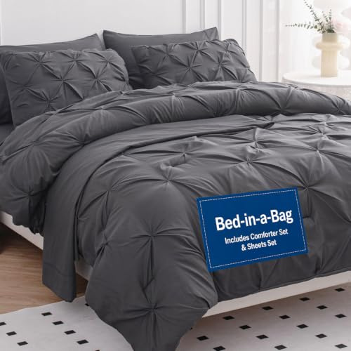 LANE LINEN Full Size Comforter - Set of 7 Piece - Elegant Pintuck Detailing - Complete Bed in a Bag Collection - Very-Soft Microfiber Bedding Set - Petfect Fit, Low Maintenance Bedding Solution – Grey