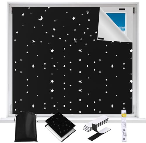 Verdunklungsrollo ohne Bohren 200x145cm, Fenster Verdunkelung Dachfenster Rollo mit Thermobeschichtung Tragbare Sonnenschutz Fenster Innen Verdunklungsfolie für Fenster, Sterne und Mond (2x1.45M)
