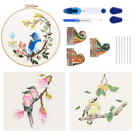 W Rxkiocs Stickerei Kit Stickset Für Anfänger DIY Kreuzstich Set Blume und Vogel Muster Stickerei Werkzeugsatz Mit Verstellbarer Stickrahmen Sticknadel Farbe Embroidery Thread