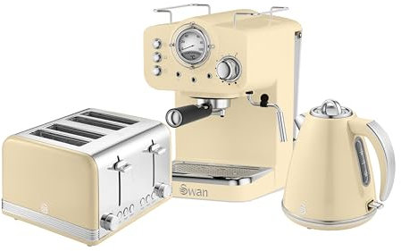 Swan Retro Kitchen Set, 1.5L Fast Boil Kettle & 4 Slice Toaster & Espresso Coffee Machine with Milk Frother, Cream, SK19020CN, ST19020CN, SK22110CN