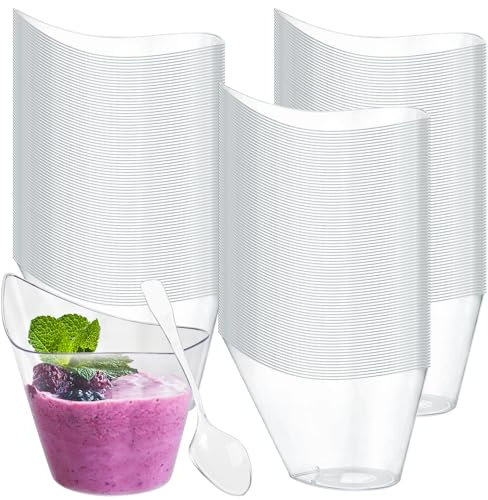 YancLife 50 bicchieri da dessert in plastica con cucchiaio, 200 ml, rotondi, in plastica trasparente, riutilizzabili, per dolci, budini, mousse e feste
