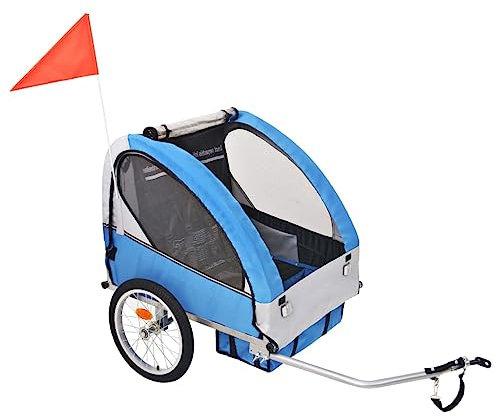 AUVYI Rimorchio per bicicletta, per bambini, 2 in 1, con cintura di sicurezza a 5 punti, adatto per 1-2 bambini, resistente e durevole, grigio e blu, 137 x 77 x 87 cm