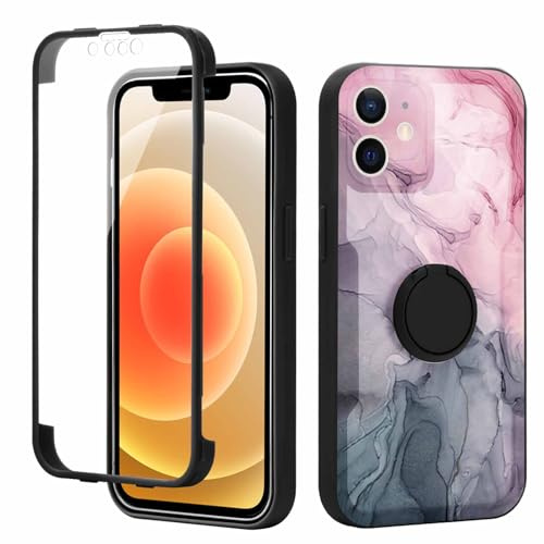 Yoedge Kickstand Phone Case for iPhone 12 6.1, 360°Rotatable Magnetic Ring Holder Cases,Full Body Shockproof Silicone TPU Back Cover with Built-in Screen Protector, Grey Marble