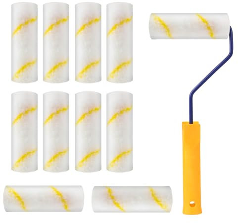 QBXMY7 4 inch Paint Roller Sleeves,10 Mini Microfibre Paint Rollers and Frame,Paint Roller Set,Professional Rollers for Painting Walls and Ceilings,for Smooth Finish Gloss Satin Varnish Emulsion Paint
