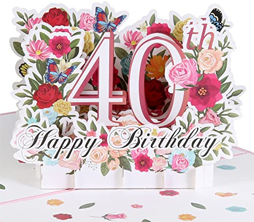 HOMANGA 40th Geburtstag Pop Up Karte, Happy 40th Geburtstag Karte für sie, Frauen, Frau, 40 Geschenk für Schwester, Mama, Freund, 15 x 20 Zentimeter