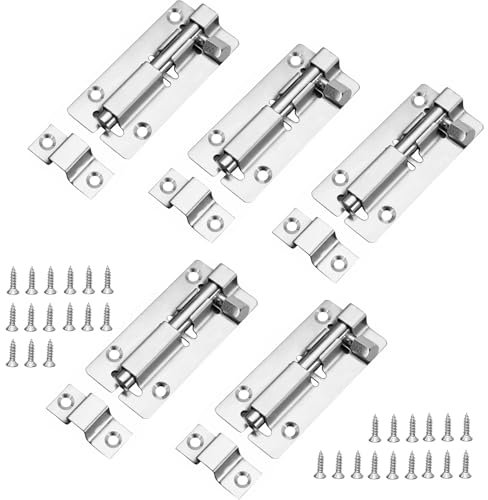 WNXBFO 5 Pcs Door Lock Bolt, 3 Inch Door Bolt, Bolt Lock, 304 Stainless Steel Door Bolts Slide Bolt with Screws for Shed, Garden, Toilet, Bedroom 3 Inch (Silver) ﻿