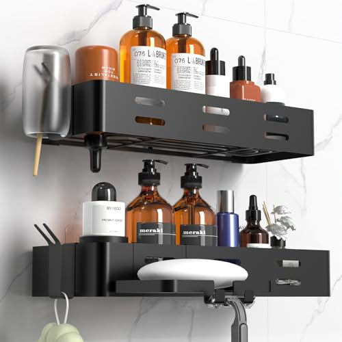 Cooeco Etagere Salle de Bain Sans Percage 2 Pièces avec Porte Savon Douche et Crochet Rangement, Porte Gel pour Salle de Bain, Noir