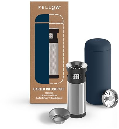 Fellow Tea Infuser Travel Mug, Ceramic Lined, 473 ml Vacuum Insulated | Stainless Steel, Loose Leaf Tea and Cold Brew, 12h Hot 24h Cold, Leak-Proof Lid, Snap-In Filter, Stone Blue