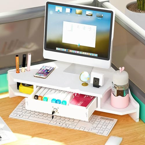 2 Tier Triangle Computer Monitor Stand with Storage Laptop Riser for PC/TV/Tablet Office Organization White