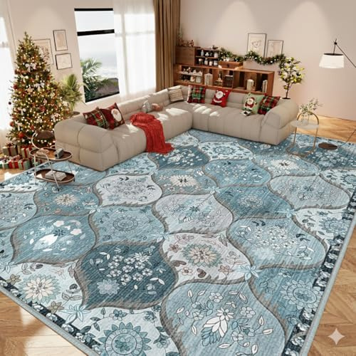 IKALIFE Tappeto Salotto Vintage Lavabile in Lavatrice Tappeto Soggiorno Pelo Corto Grandi Tappeti Antiscivolo Classico Carpet Rug per Camera da Letto, Sala 200 x 300 cm Blu