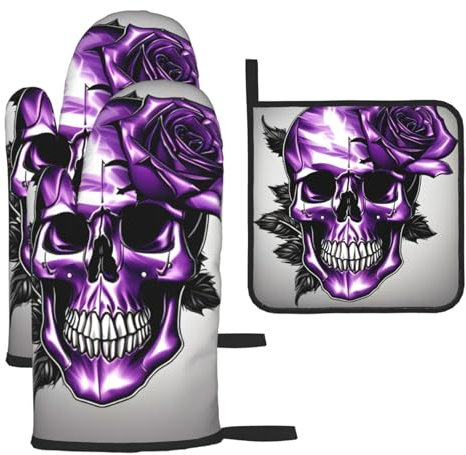 Set di 3 guanti da forno e presine con teschio e rosa viola, resistenti al calore, regalo per cucinare