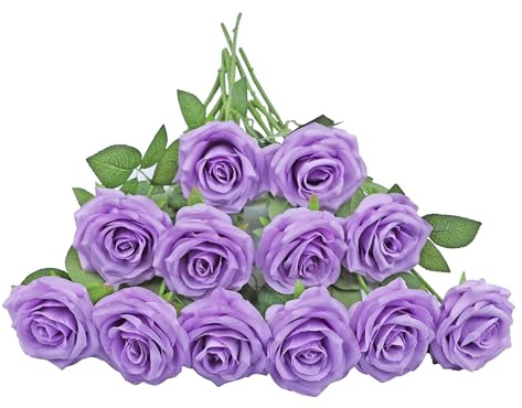 JAONLD Artificial Roses, 12 Pcs Realistic Fake Roses 20 inch Silk Roses Flowers Bridal Bouqets with Single Long Plastic Stem for Wedding Home Birthday Party Arrangment Garden Decoration (Purple)