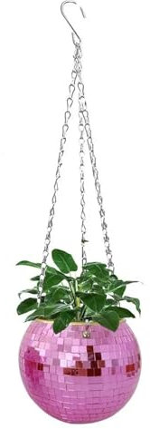 Disco Ball Planter Globe Shape Hanging Basket Vase Flower Planter Pots Rope Hanging Wall Home Dec Vase Container Room Decoration(Pink,15cm)