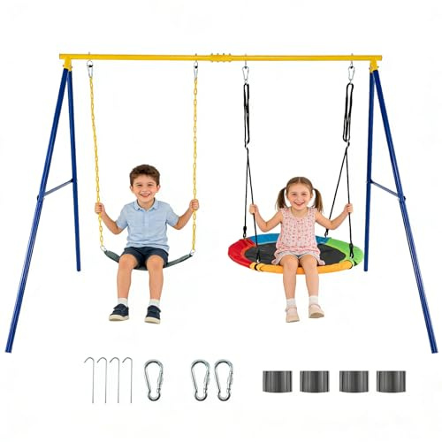 DREAMADE Ensemble de Balançoire Extérieur 1,8M, Portique Métallique en A + 2 Balançoires pour Enfants 3+, 2 Place, Charge Max 300 KG (Ensemble Jaune)