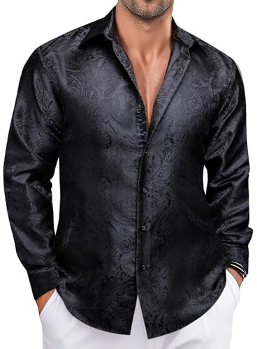 Ailisus Men's Black Silk Shirts Long Sleeve Paisley Vintage Button Down Dress Shirt Shiny Regular Fit Casual Tops for Party Prom Wedding