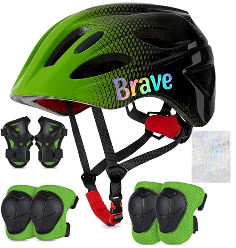 EllaSeek Cykelhjälm för barn, knäskydd, skydd set, armbågsskydd, handledsskydd för 3–8 år, flicka, hjälm, skateboardhjälm med gör-det-själv-klistermärken för pojkar, skridskor, rullskor, skateboard