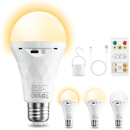 Lámpara LED E27 USB recargable 2600mAh,luz ajustable(3000K/4000K/6500K) con control remoto y temporizador.Doble uso:E27 con base o alimentación a batería,ideal para emergencias,iluminación y campeggio