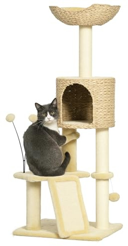 PawHut Katzen Kratzbaum 116 cm mit Kratzbrett für Katzen bis 5 kg Beige | Kletterturm, Katzenhöhle, Katzenbaum mit Katzenbett, Spielball, Indoor Plüsch Kratzmöbel