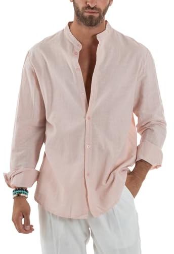 Giosal Camicia Uomo Lino Collo Coreano Maniche Lunghe Casual Regular Fit Basic Tinta Unita Vari Colori