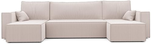 IDOHOME LIt Canapé en U 312x145 Canapé Panoramique Convertible Velours Cotelé Beige Sofa XL Surface de Couchage 268 x 125 cm